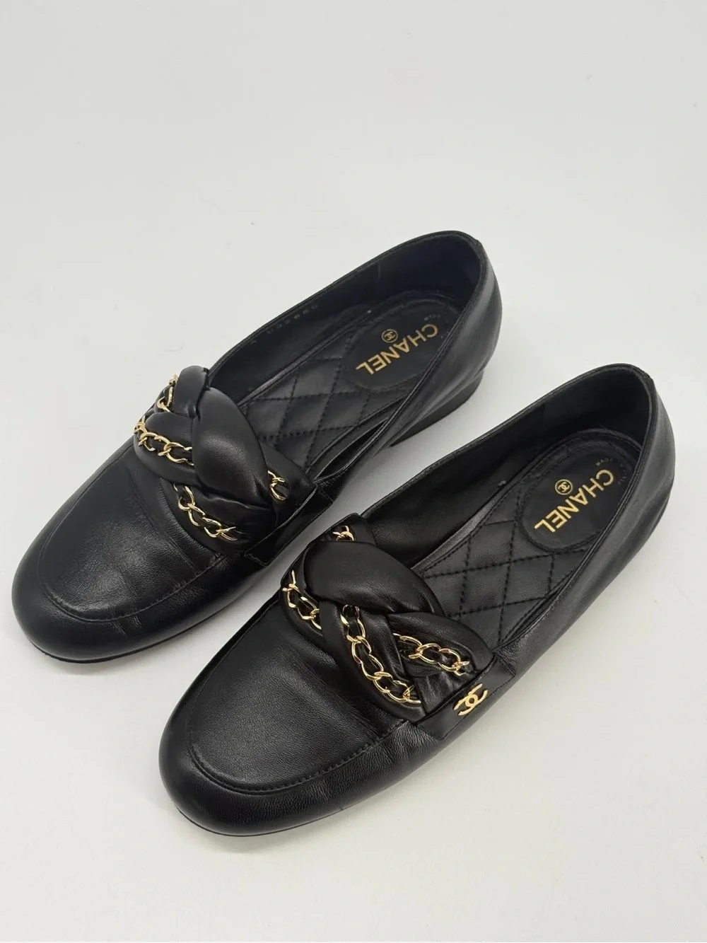 Chanel Loafers Black Leather Moccasins Size EUR 36